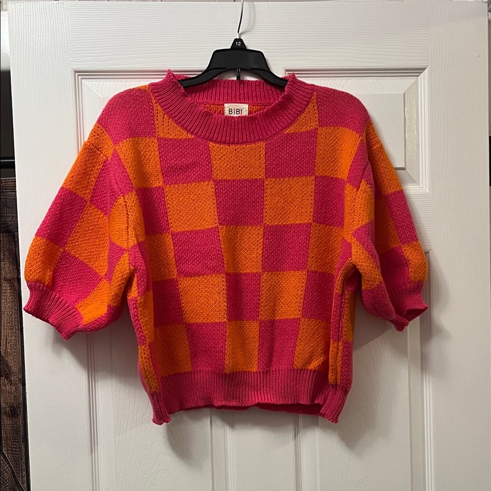 BiBi Pink and Orange Checkered Crew Neck Sweater